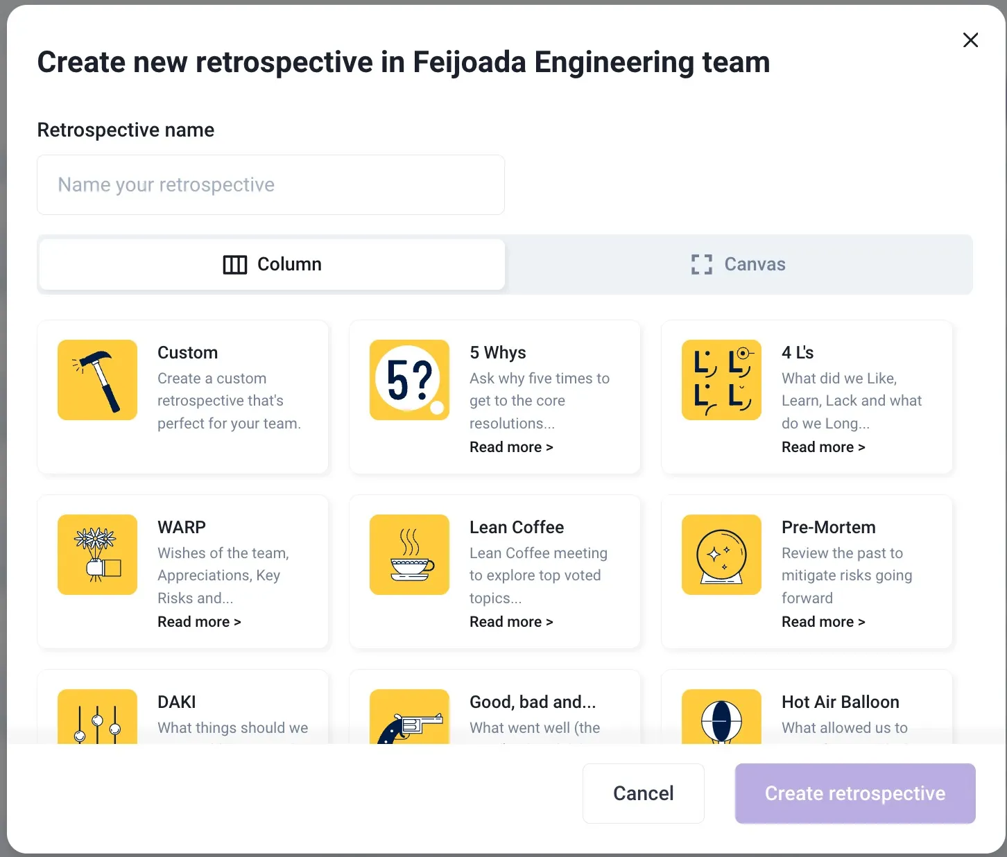 Library of ready-made retrospective formats