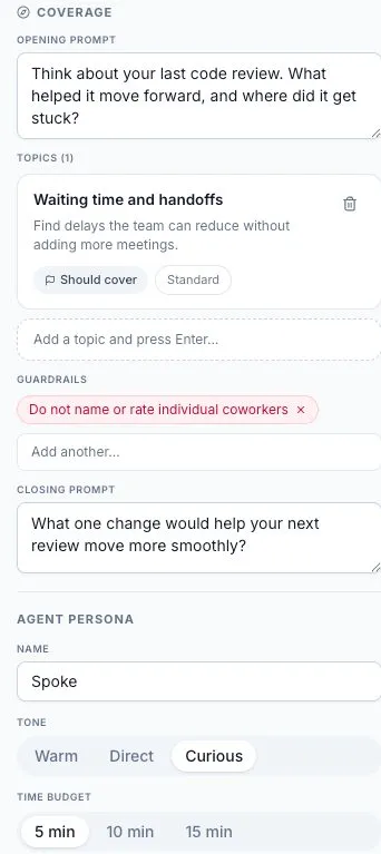 Editable coverage with an opening prompt, code review topic, guardrail, and five-minute time budget.