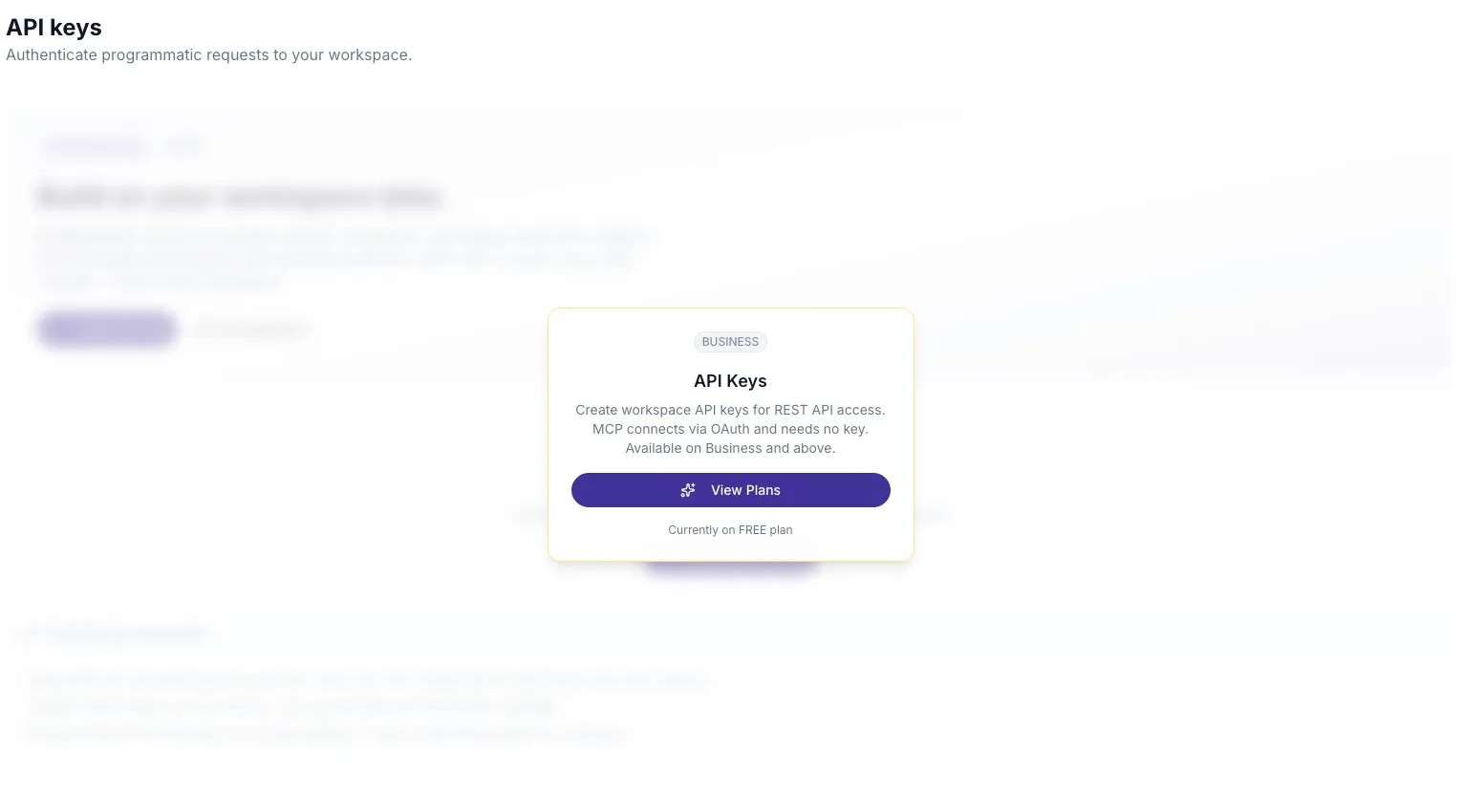 The API keys page showing the Business plan requirement.