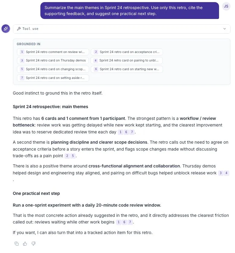 Ask summarizing a sprint retrospective with supporting sources