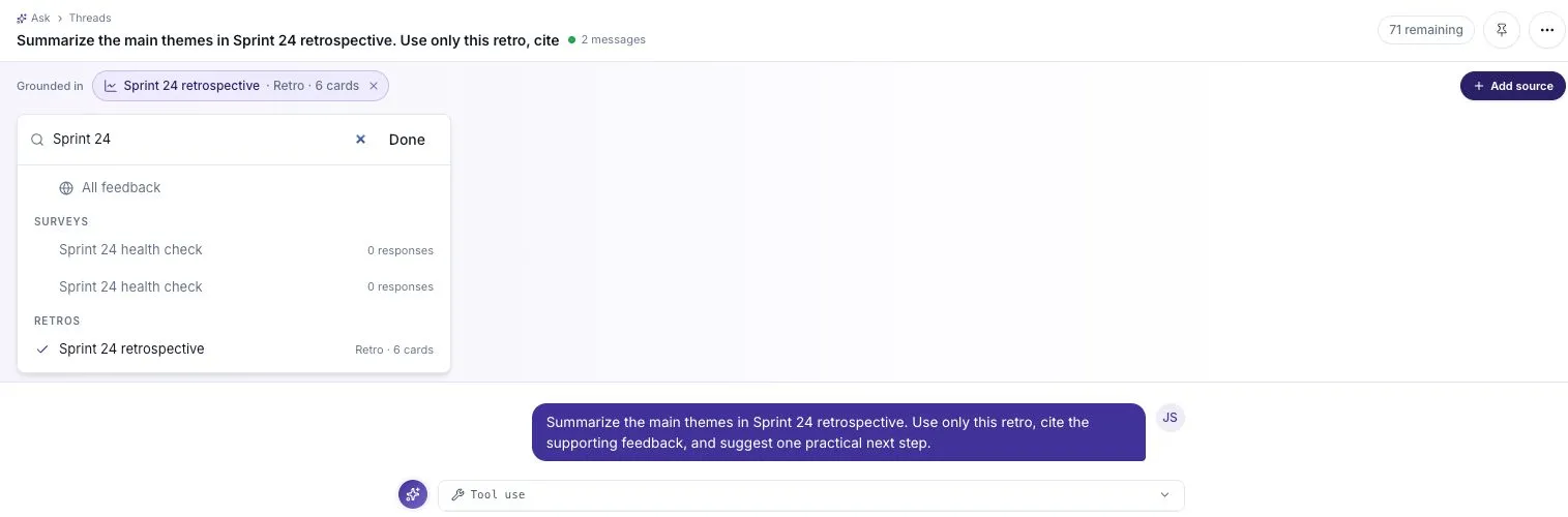 Ask source picker showing Sprint 24 surveys and a selected retrospective