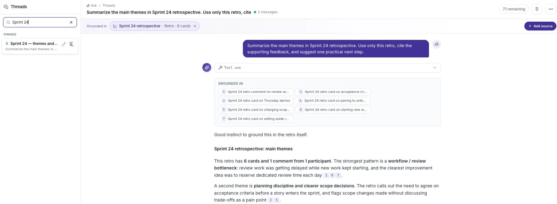 A named Ask thread in the Pinned section, filtered by its title