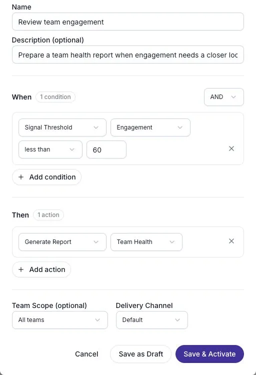 An unsaved example rule with an engagement condition and a team health report action.