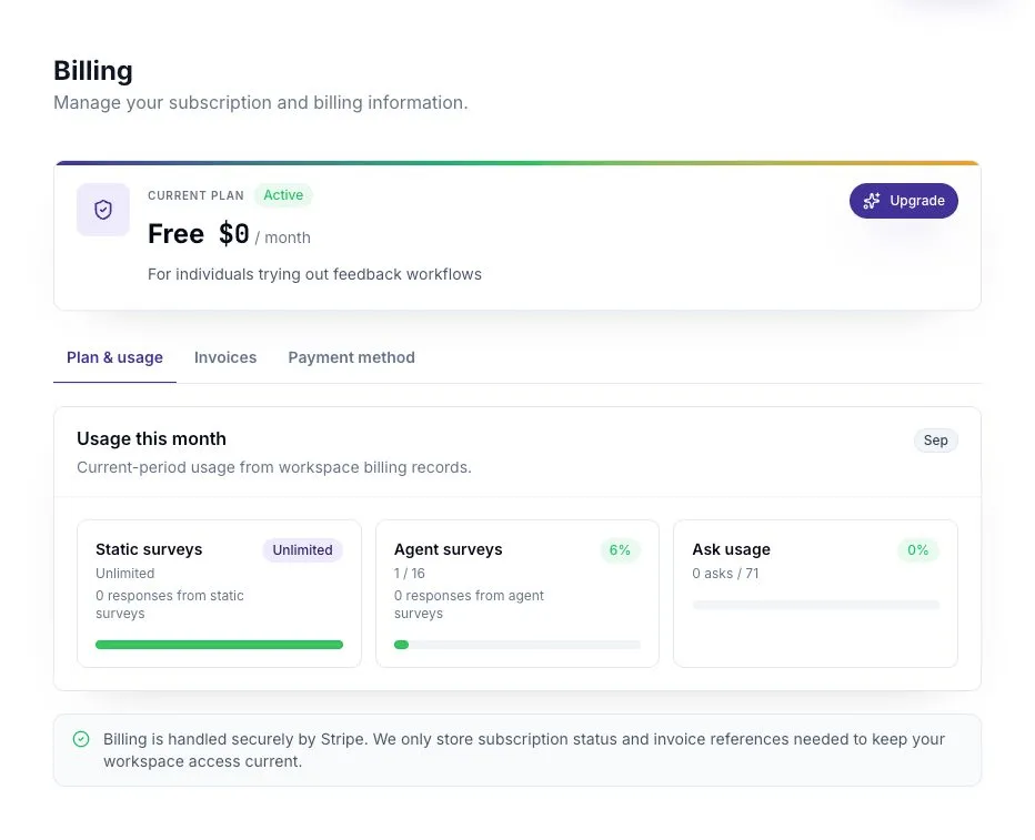Billing showing the current plan and available survey and Ask usage.