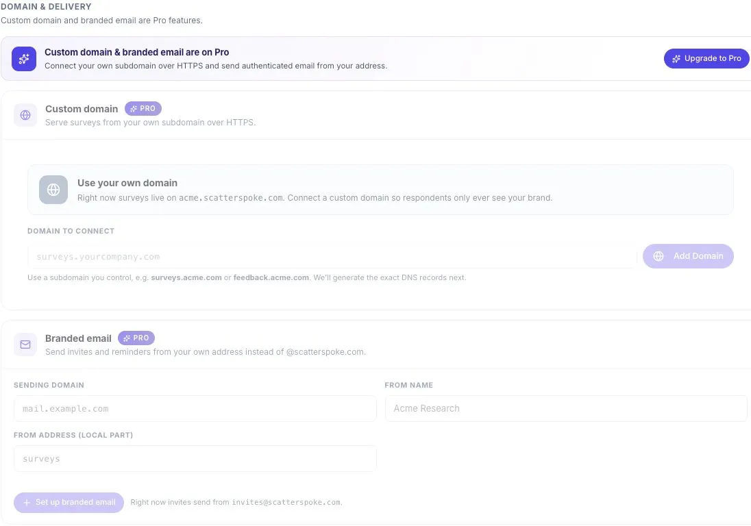Domain and delivery settings on a Free workspace; setup requires Pro.