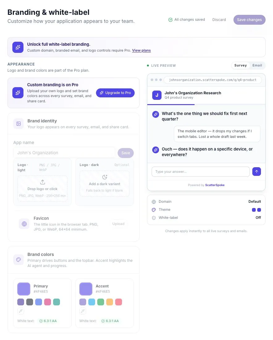 Branding settings with appearance controls and the live preview.
