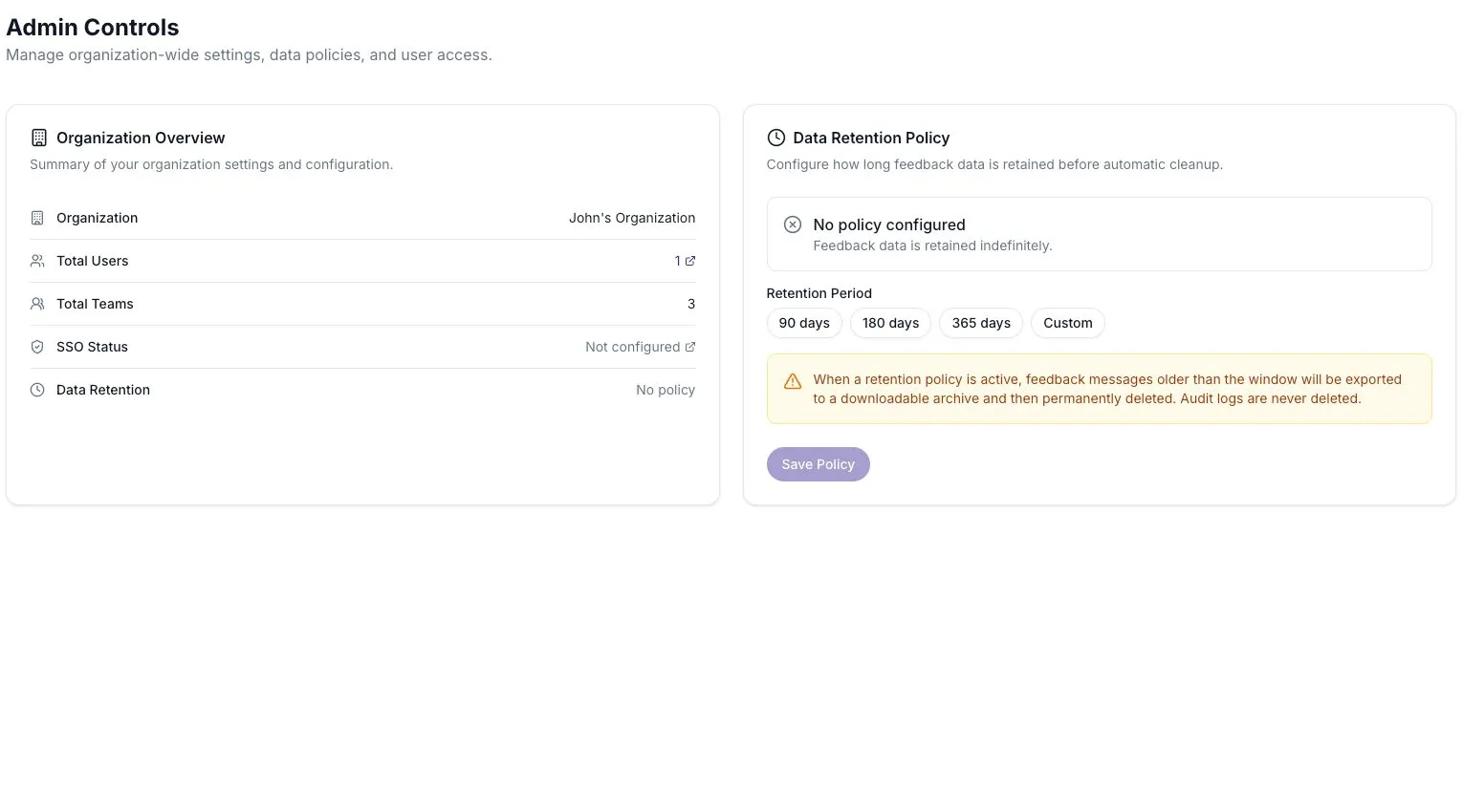 Admin Controls showing no active retention policy and the available retention periods.