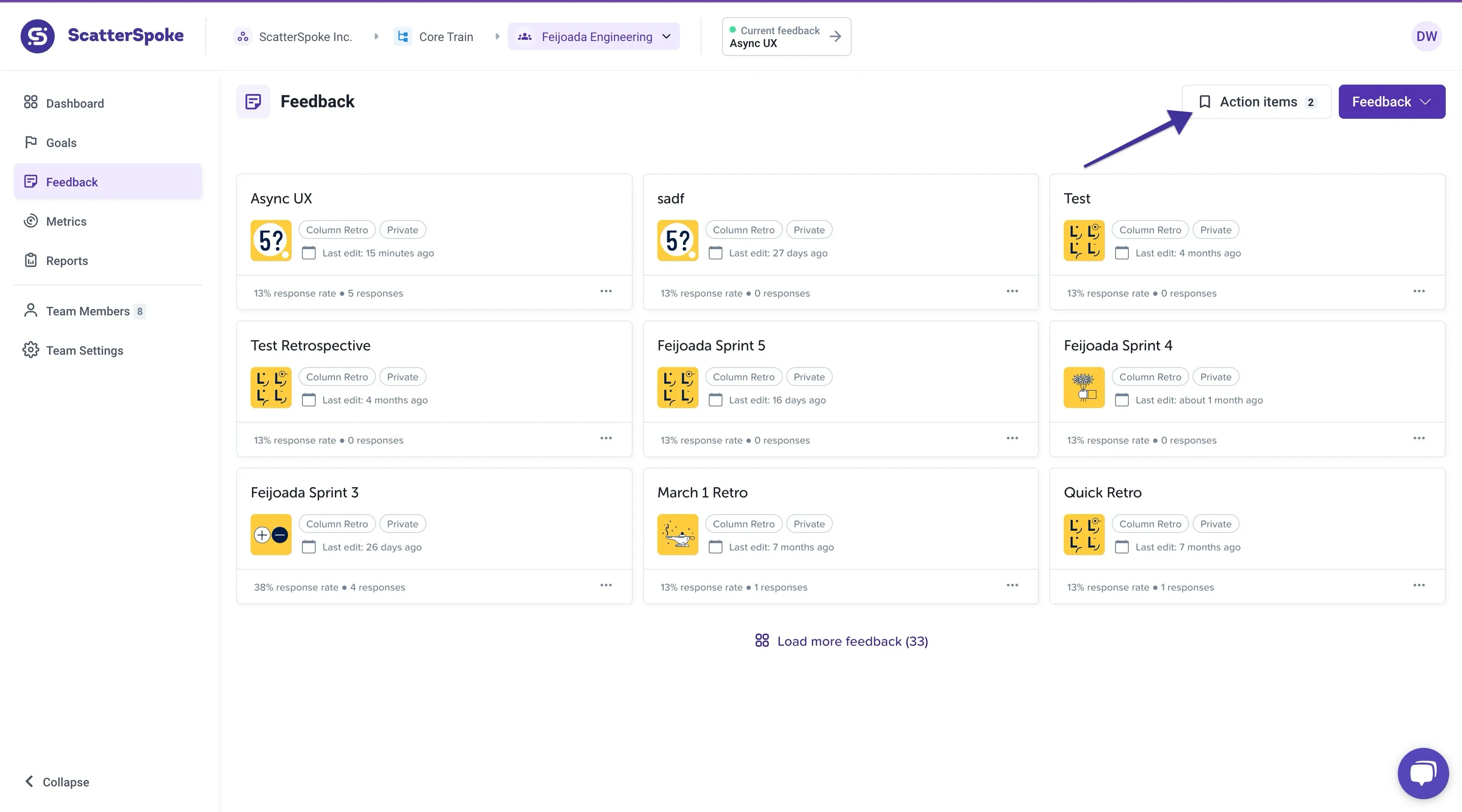 Action Items button on the Feedback page