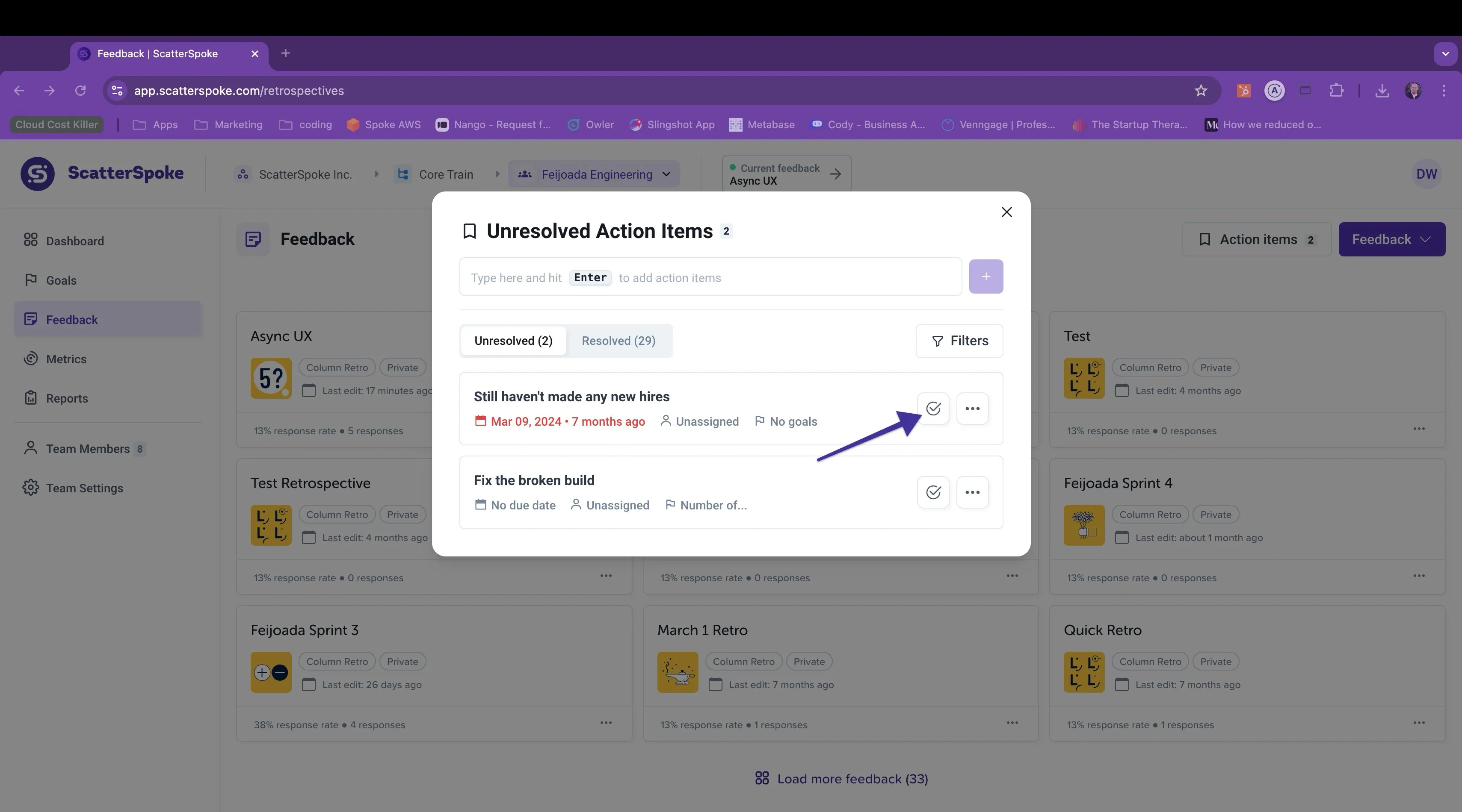 Resolve an Action Item in the Action Items list on the Feedback page