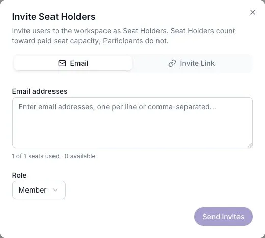Invite Seat Holders showing the email tab and available seats.