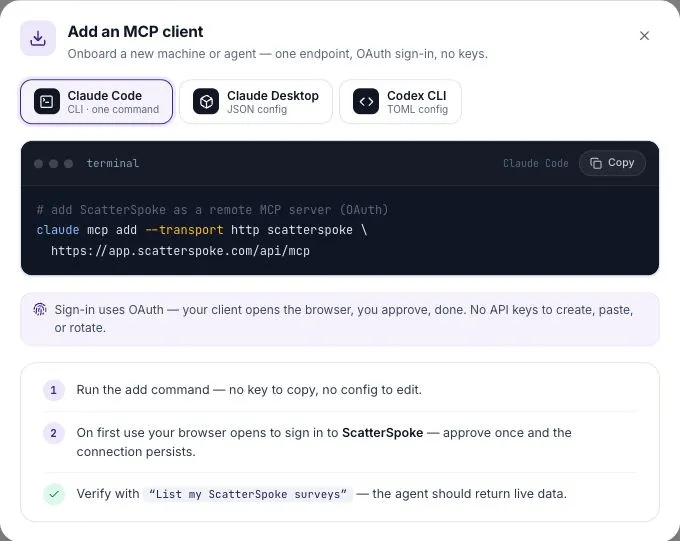 Add an MCP client showing the Claude Code command and OAuth setup steps.