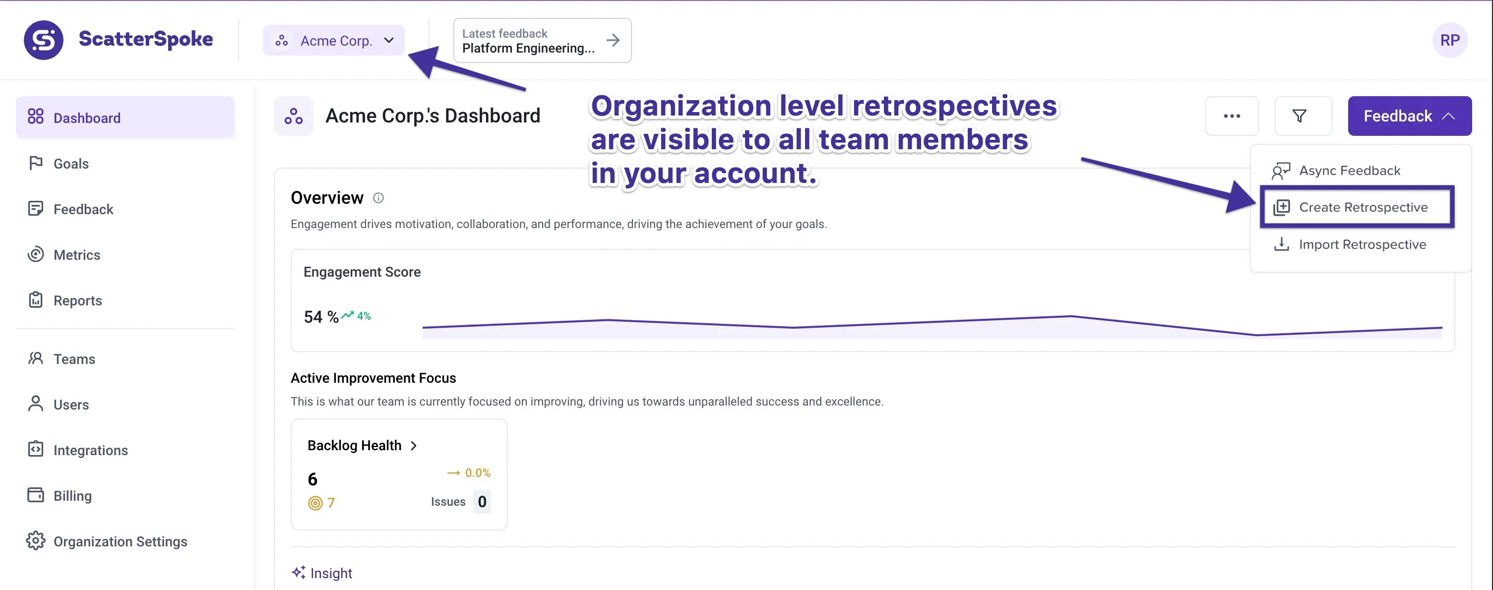 Organization level retrospectives are visible to all team members