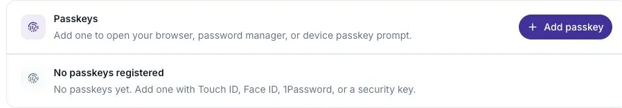 The Passkeys card with Add passkey.