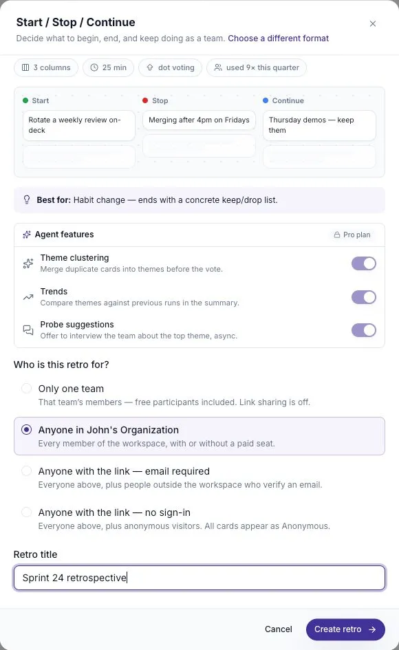 The configuration panel with Agent features, the audience options, and the retro title