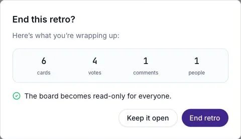 End-retro confirmation showing the session counts