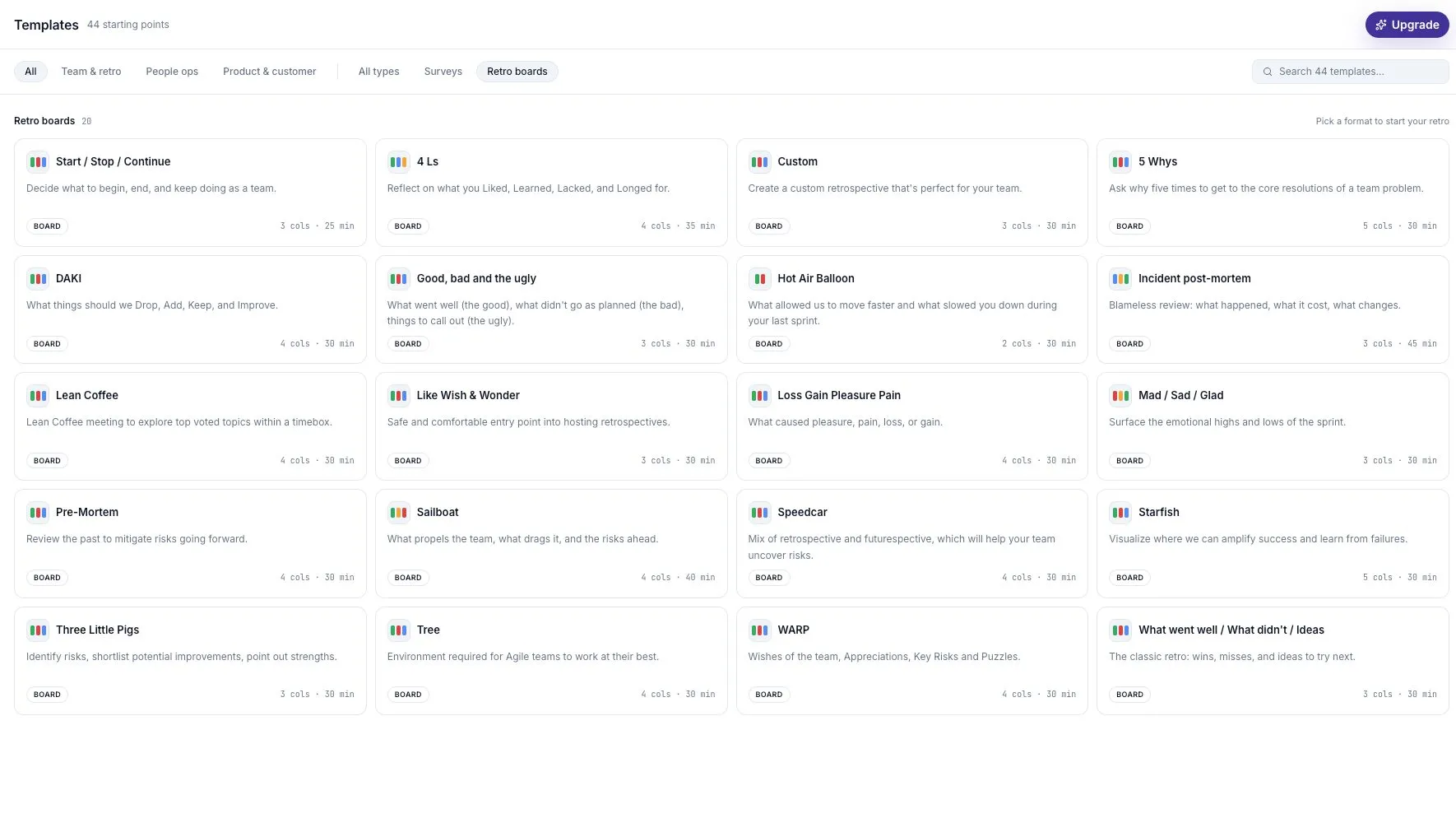 Retrospective formats in the template gallery