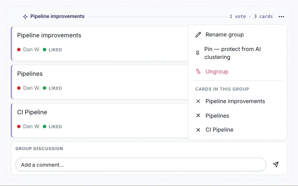 The group menu: Rename group, Pin, Ungroup, and Cards in this group