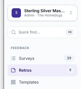 The left navigation with Retros selected under Feedback