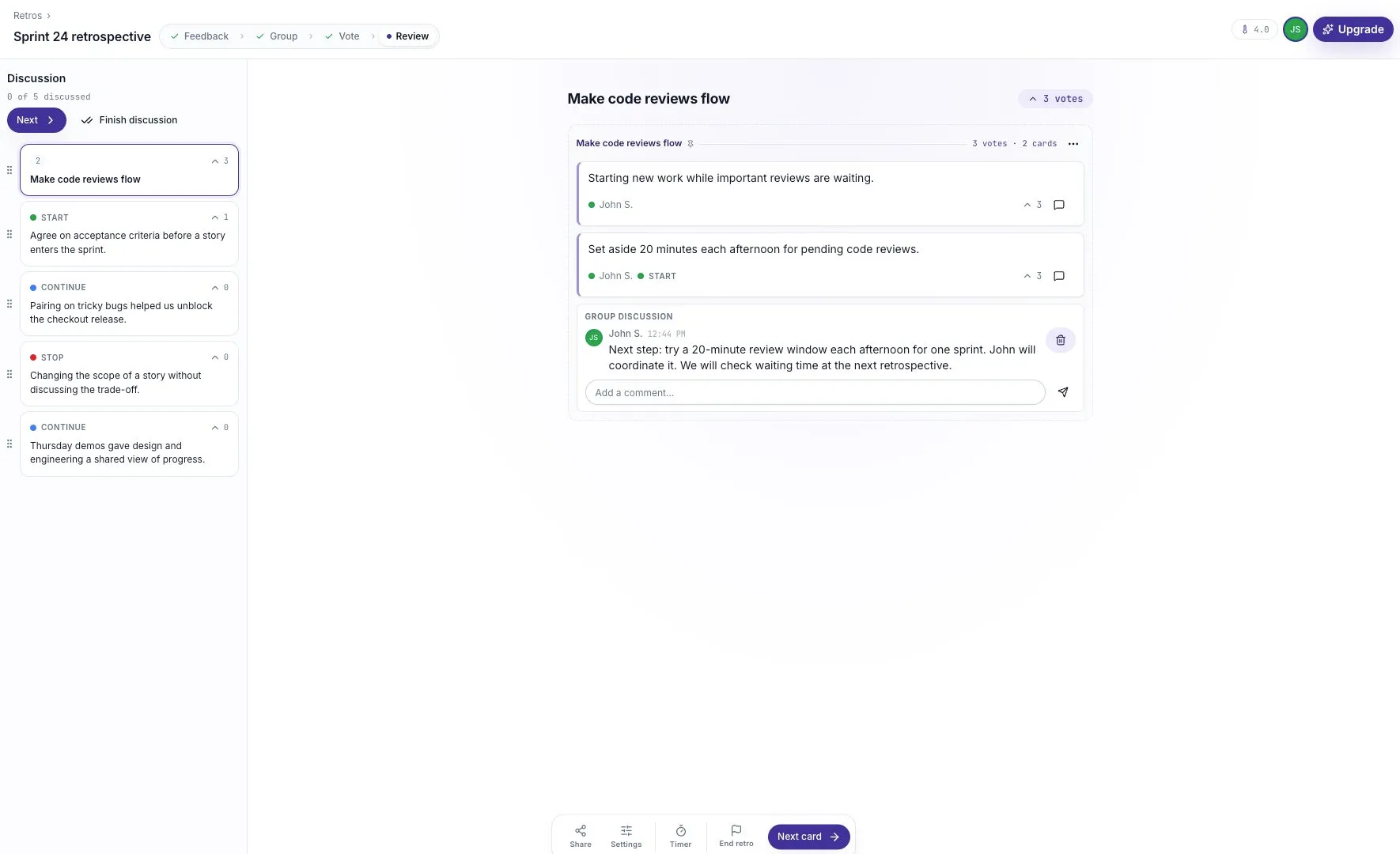 The Review phase with the grouped feedback and a comment recording the next step.
