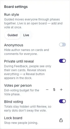 Board settings with Votes per person and Blind voting