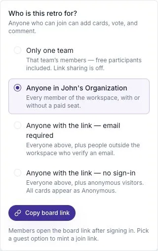 The Share panel with team, workspace, verified-email, and no-sign-in access options.