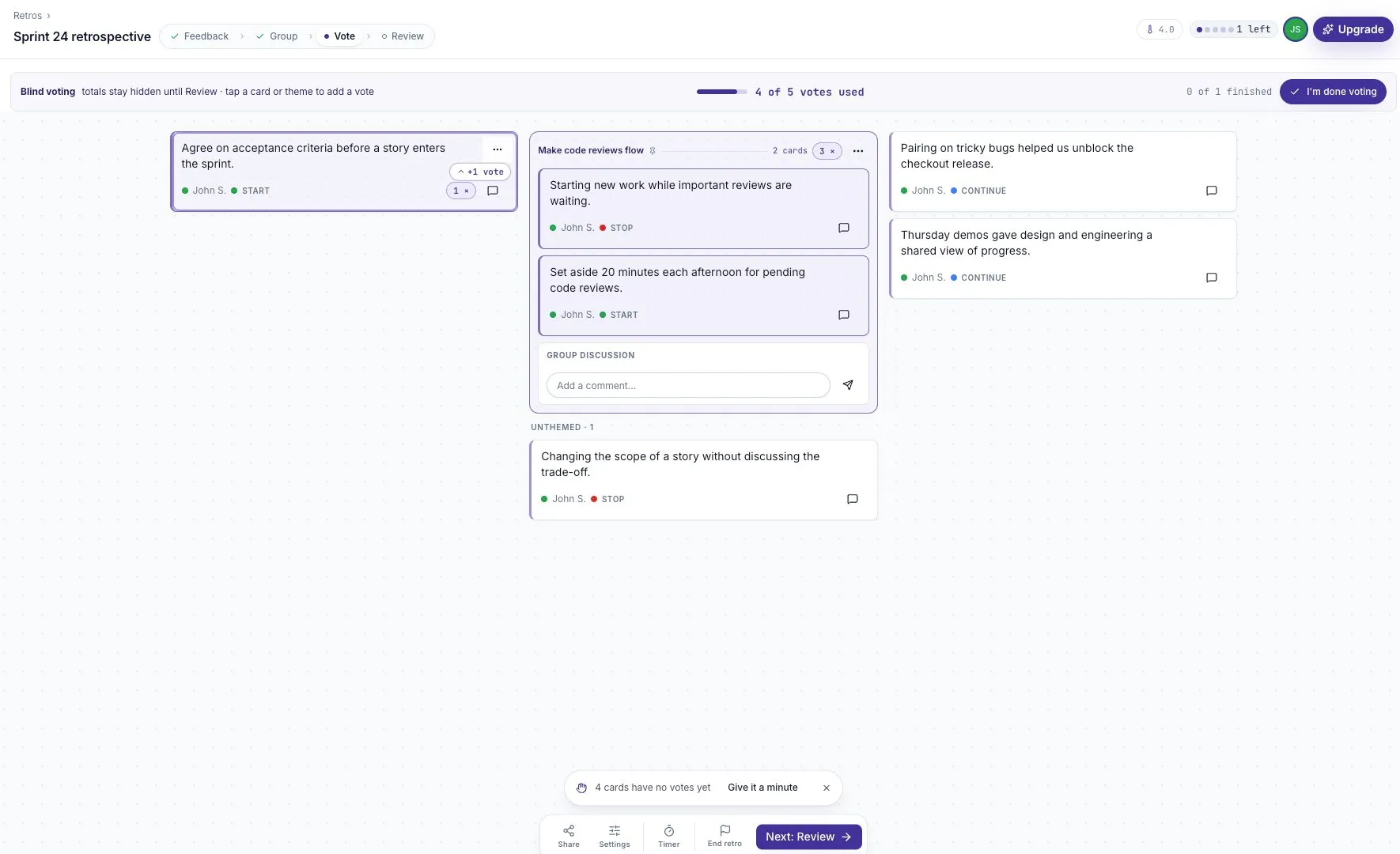 The Vote phase with a grouped topic, blind voting, and progress controls