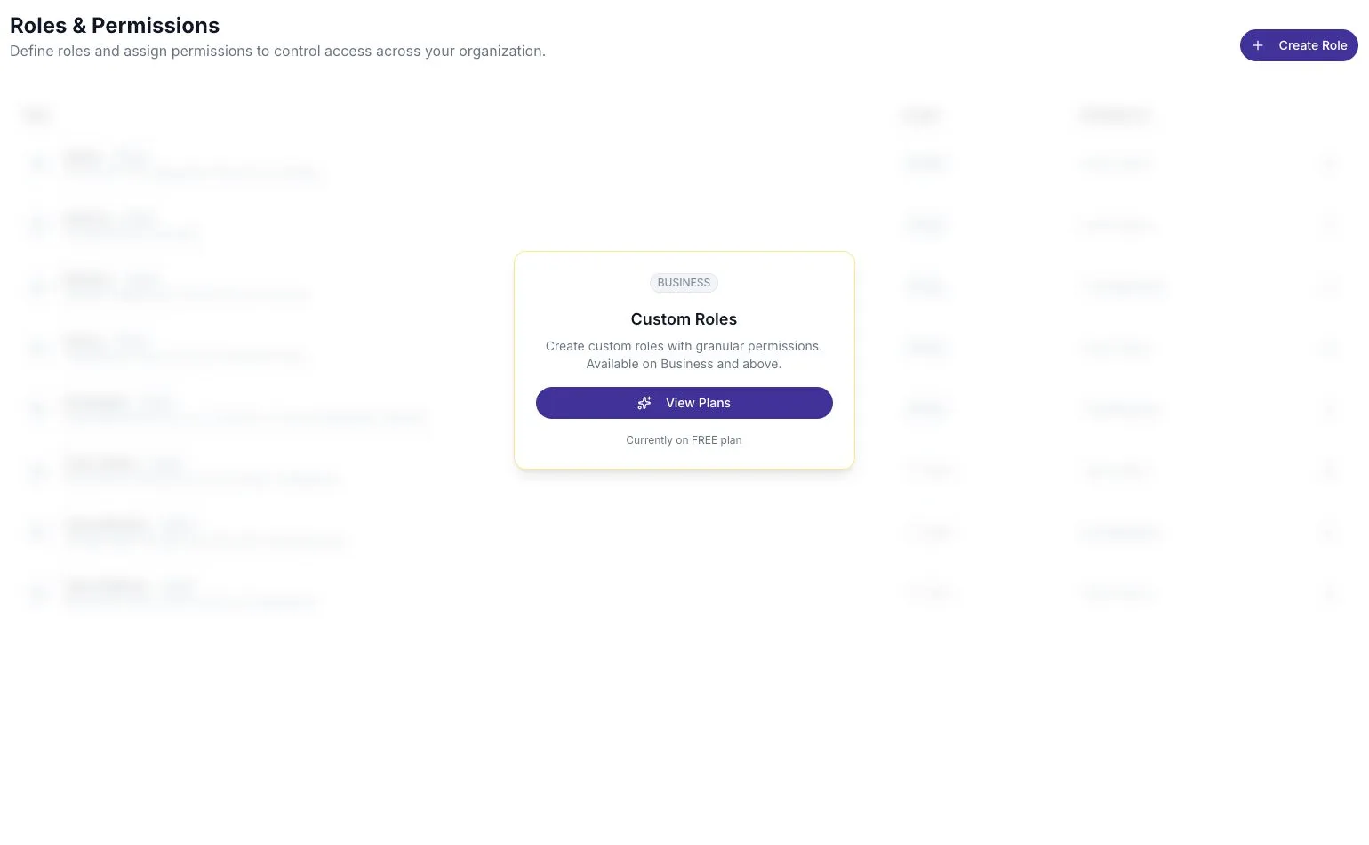 The Roles page listing the built-in roles and the custom-role plan requirement.