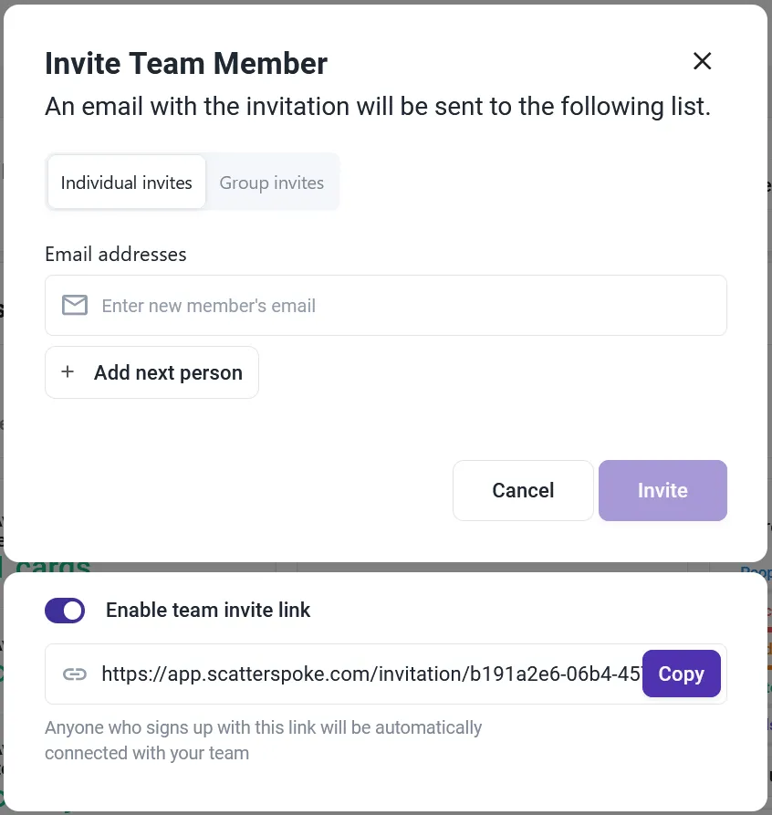 Invite Team Members modal