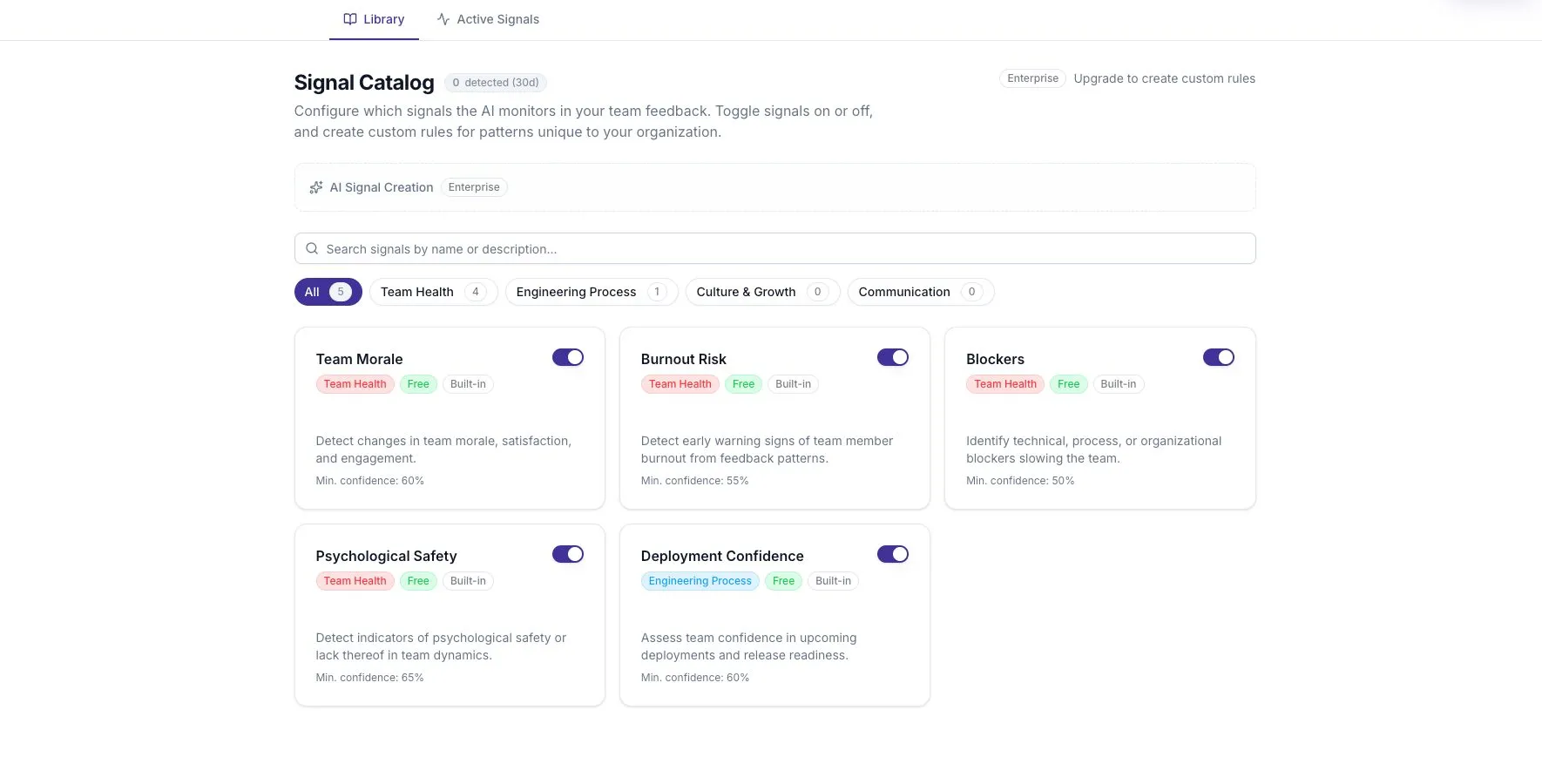 The Signal Catalog with five built-in rules available on a Free workspace.