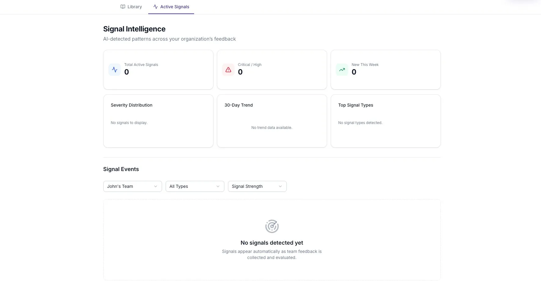 Signal Intelligence with team filters and an empty state when no events are available.