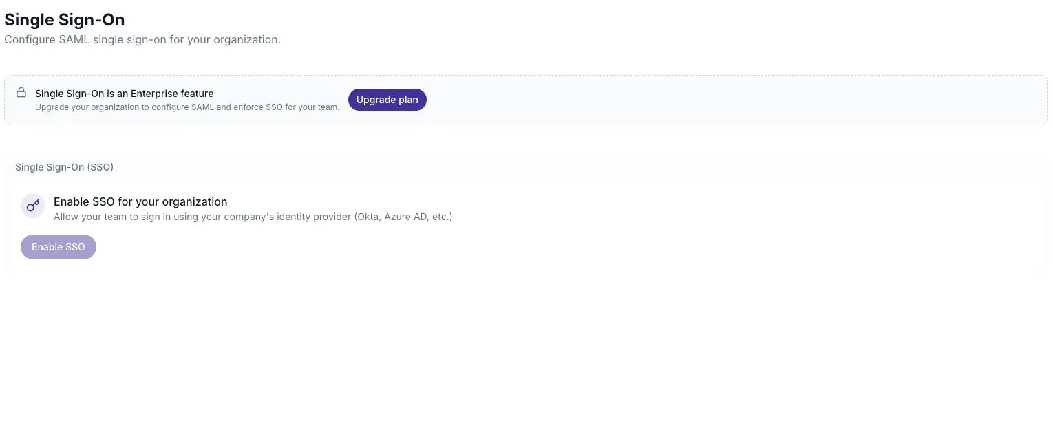 SSO settings on a Free workspace showing the plan requirement.
