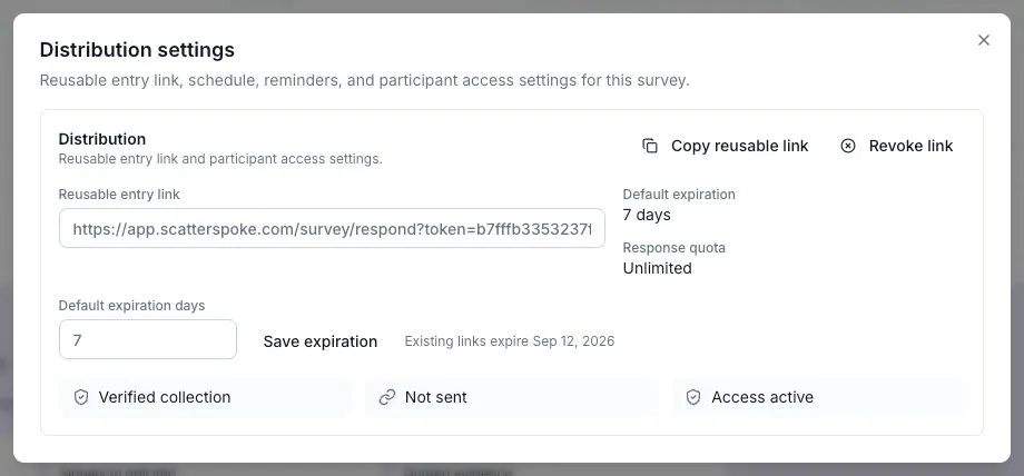 Distribution settings with the reusable link, revoke control, and expiration defaults.