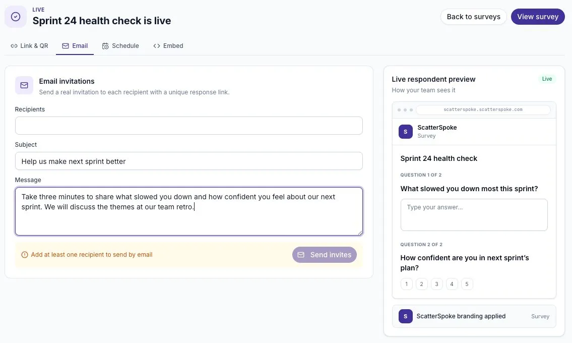 Email invitation form with a short example subject and message
