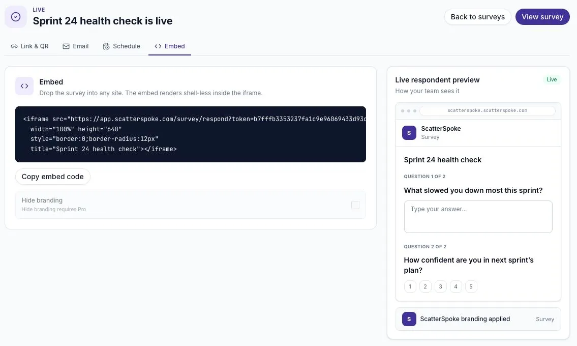 Embed code and branding option beside the participant preview
