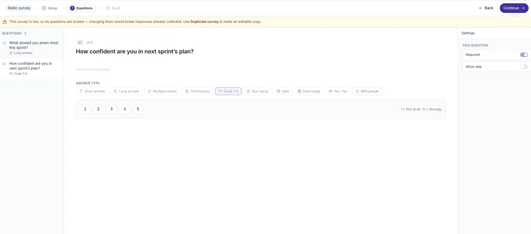 A published survey’s question editor explaining that questions are locked