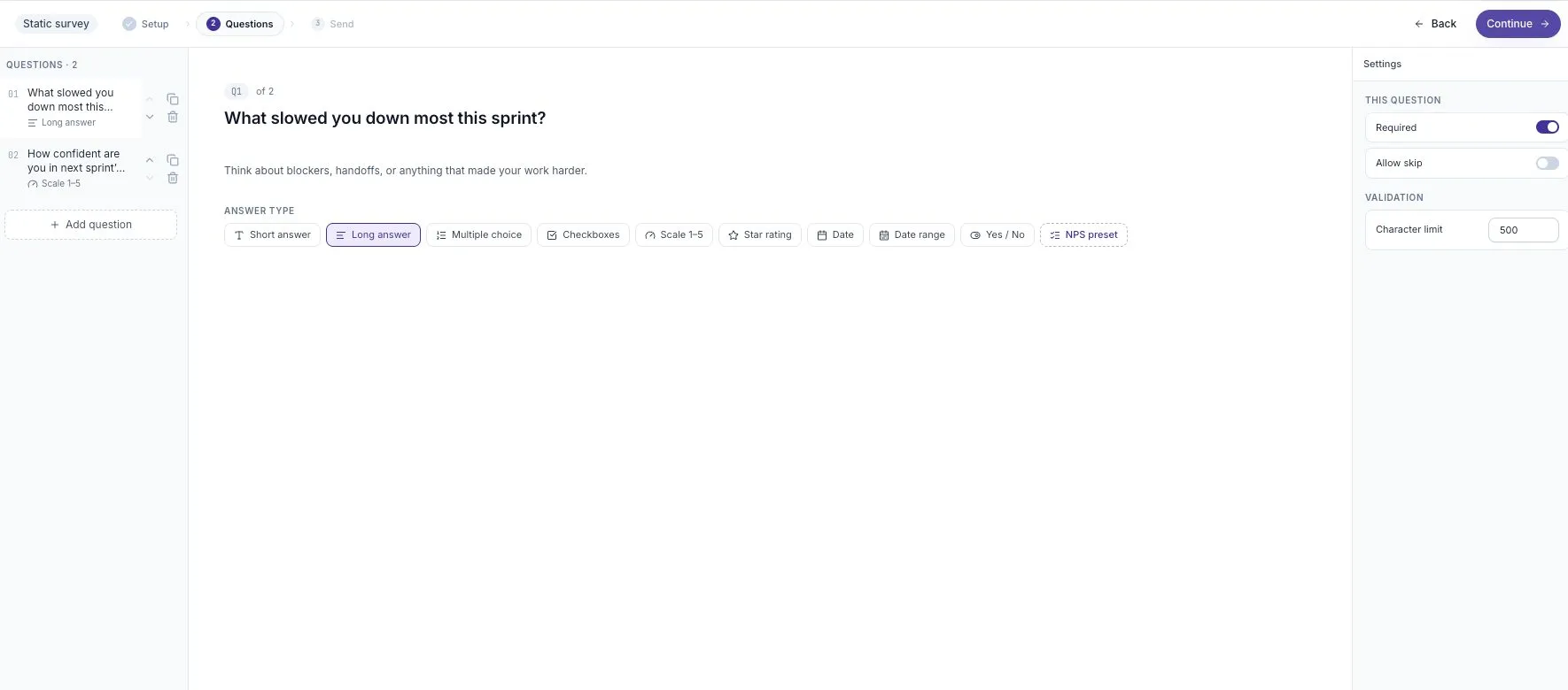 Write a question and choose its answer type in the Questions step