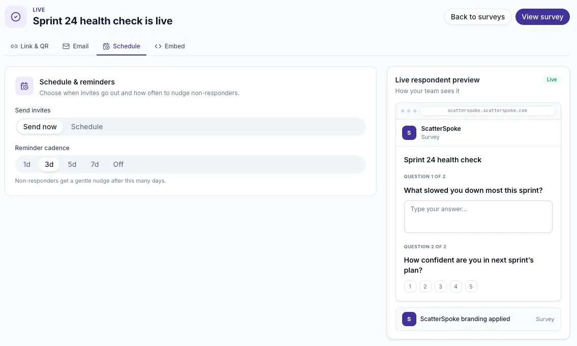 Schedule and reminder controls for a published survey