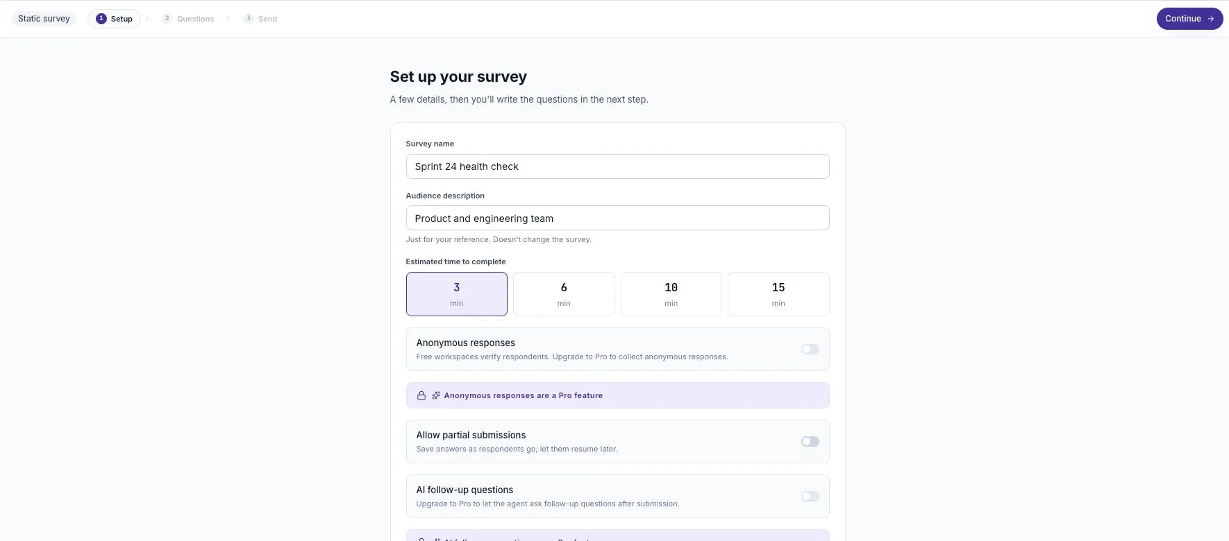 A survey setup example with name, audience, time estimate, and collection settings