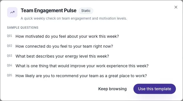 The Team Engagement Pulse preview showing five sample questions and Use this template.