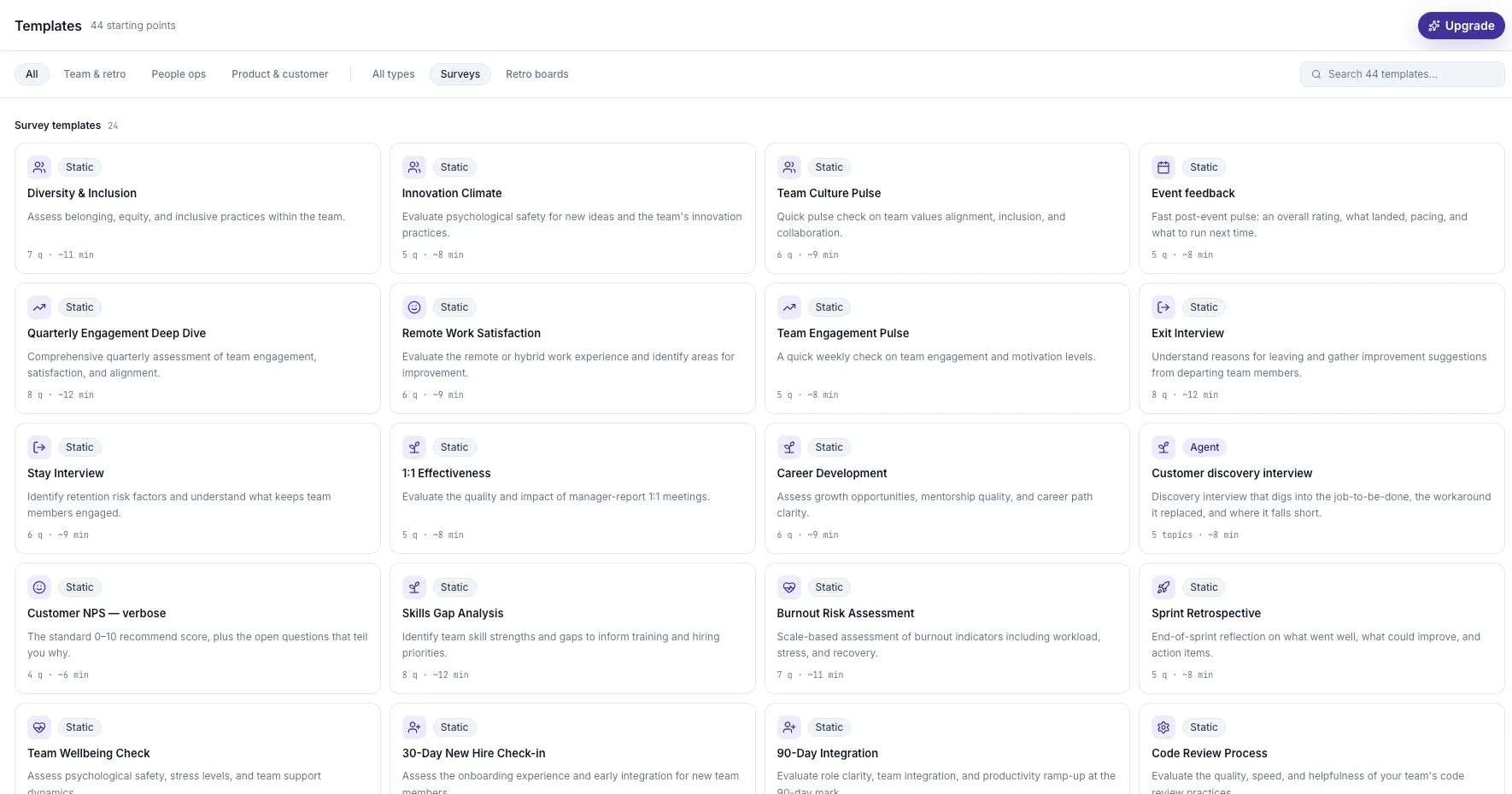 The survey template library with categories and prepared question sets.