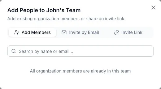 The Add People dialog with tabs for existing members, email invitations, and an invite link.