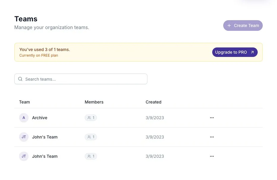 The Teams page showing the workspace's team capacity and existing teams.