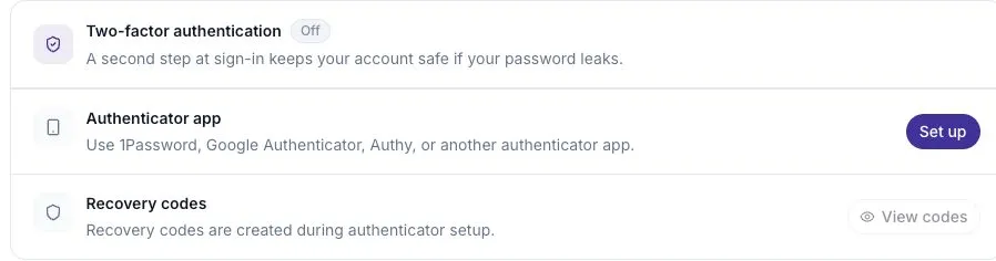 Two-factor authentication showing Off and the Set up control.