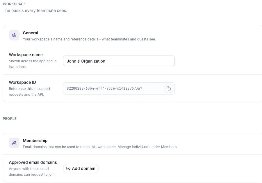 Workspace settings with the name, workspace ID, and approved email domains.